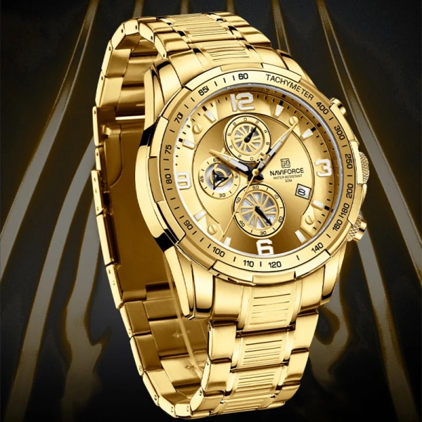 NAVIFORCE Temperament Herr Lyx Mode Design Guld Herr Klockor Multifunktion Luminous Quartz Armbandsur för män Relogio Masculino GBE