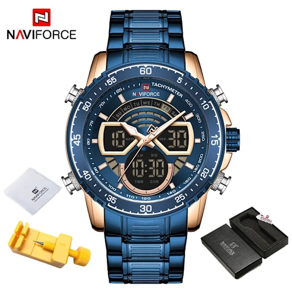 NAVIFORCE Mode Herrklockor Lyxiga Original Kvarts Digital Analog Watch för män Vattentät klocka i rostfritt stål RGBE BOX
