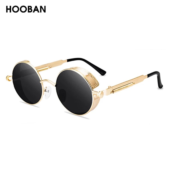 HOOBAN Klassiska Steampunk Solglasögon Män Kvinnor Retro Gothic Runda Mansglasögon Mode Metall Körglasögon UV400 Gold Red As Picture