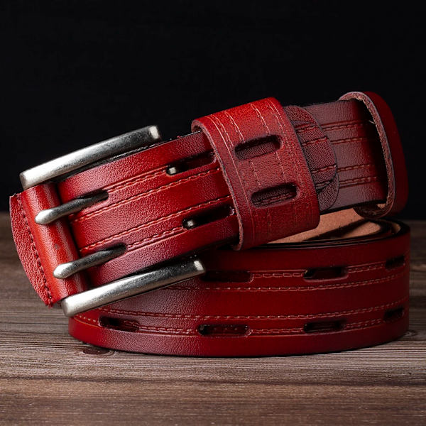 Mäns läder dubbelnålsspänne Klassiskt dragradshål Jeansbälte Cowboy Square Hole Brown 115CM