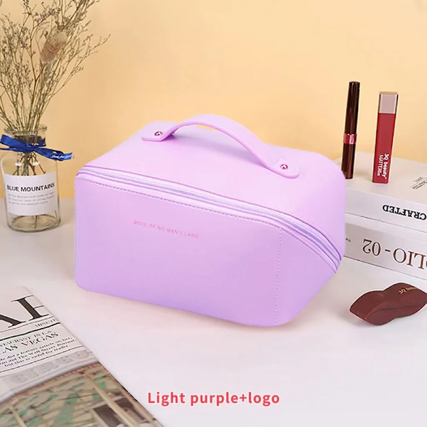 Skönhetsväska med stor kapacitet Bärbar sminkpåse i läder, vattentät badrumstvättväska, multifunktionell toalettartiklar light purple-logo