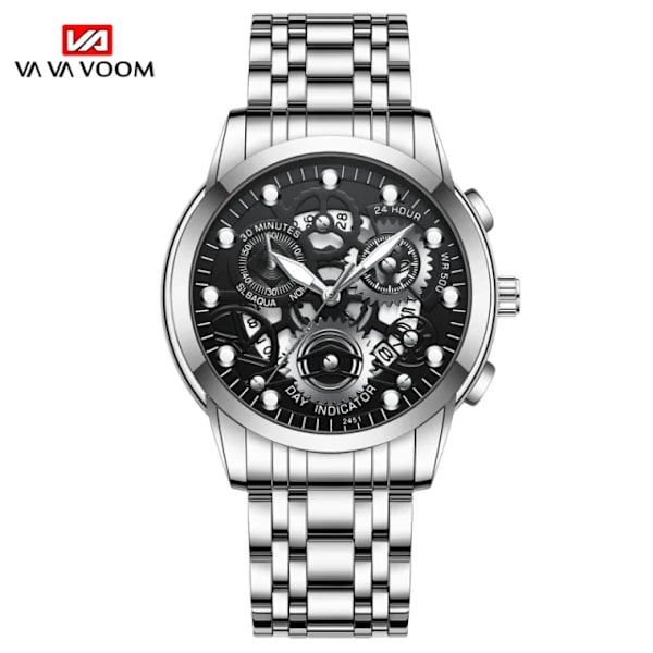 Watch för män Skelettdesign Mode Mekanisk stil i rostfritt stål Quartz rörelsekalender Vattentät Armbandsur för män 2451YH