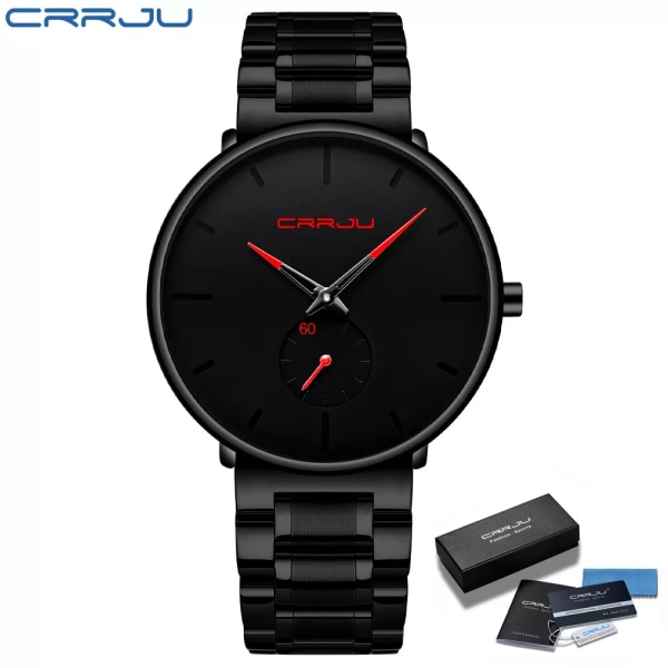 CRRJU Herrklockor Watch i rostfritt stål Casual Lyx Vattentät Watch för Herr Watch Relogio Masculino black red BOX