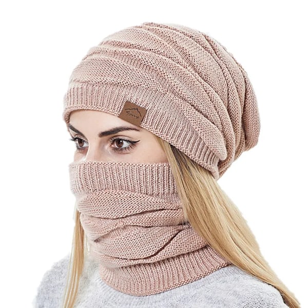 Vintermössa och Halsduk Set för Kvinnor Varm Stickad Mössa Skallehatt Halsvärmare Tjockfodrad Dam Vintermössa Mask Halsduk för Kvinnor 6489 Red One Size