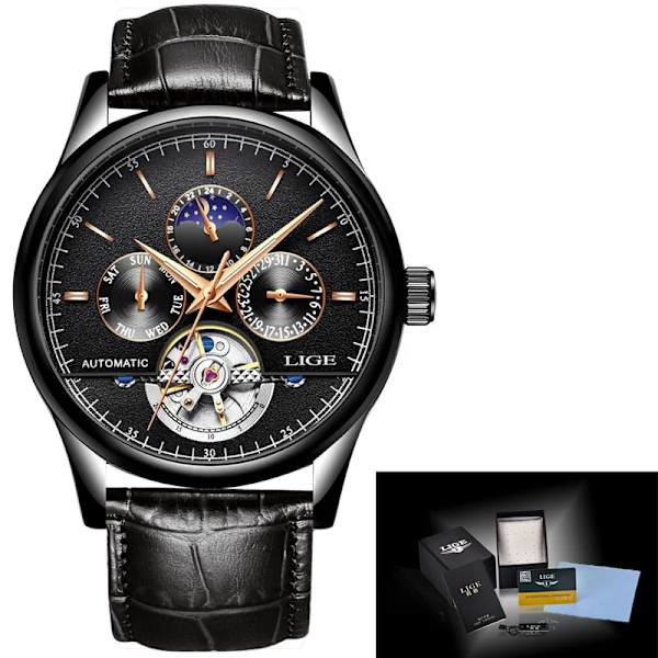 Relogio Masculin LIGE Nya Herrklockor Toppmärke Lyx Automatisk Mekanisk Watch Herr Läder Vattentät Watch Veckoklocka+låda Black Gold