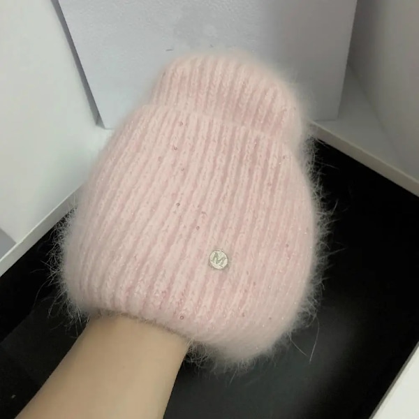 Ins Solid Shiny Color Beanies SkulliesLetter Kvinna Fluffig Vinterhatt För Matchande Varm Mjuk Present letter logo05