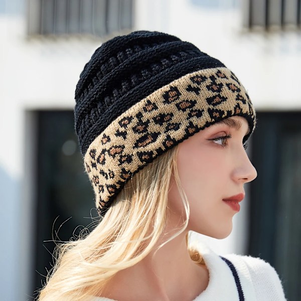 10 Färger Leopard Beanie Kvinnor Stretch Stickad Virkad Beanies Vintermössor För Kvinnor Varma Dam Messy khaki One Size