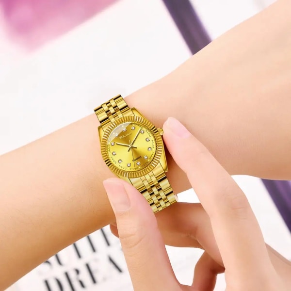 Damklockor Top Brand Luxury 2022 Fashion Diamond Dam Armbandsur Rostfritt stål Guld Mesh Armband Watch gold black