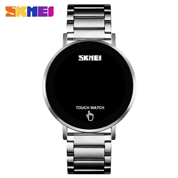 SKMEI 1550 manlig pekskärm LED-ljusdisplay 3bar vattentät band i rostfritt stål montre homme Mode män Digital watch silver