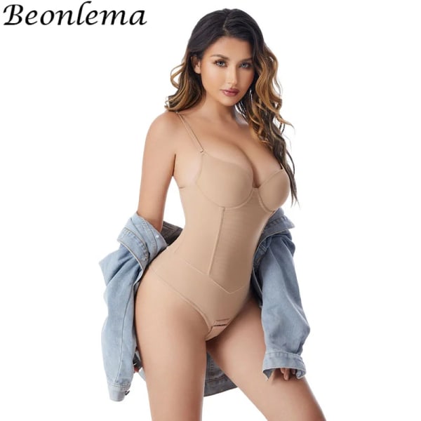 Beonlema Body Shapewear för kvinnor Stål Benbantning Platt magväst Sexig stringtrosa Midja Waist trainer Magkontroll underkläder Nude XL