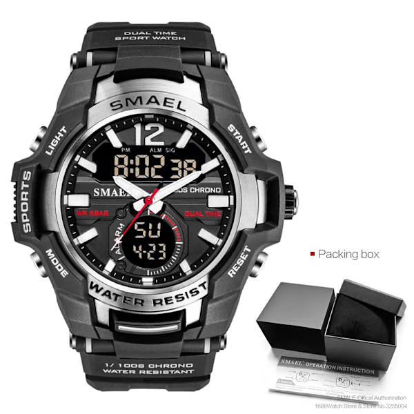 SMAEL Dual Time Army Watch för män Lysande Vattentät Quart Digital Armbandsur Väckarklocka LED Bakgrundsbelysning Kalender 1805 Black Silver-Box