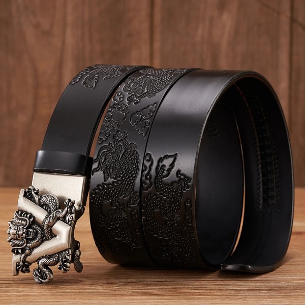 Nytt manligt Kina drakbälte nötskinnsbälte i äkta läder för män Carving Dragon-mönster Automatiskt spänne bältesrem för jeans Golden buckle Black 125cm