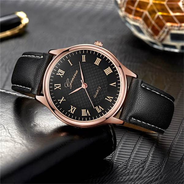 Modernt mode svart kvarts herrklockor Tide Brand Läderband Big Dial Herr Business Clock Relojes Hombre Black Rose