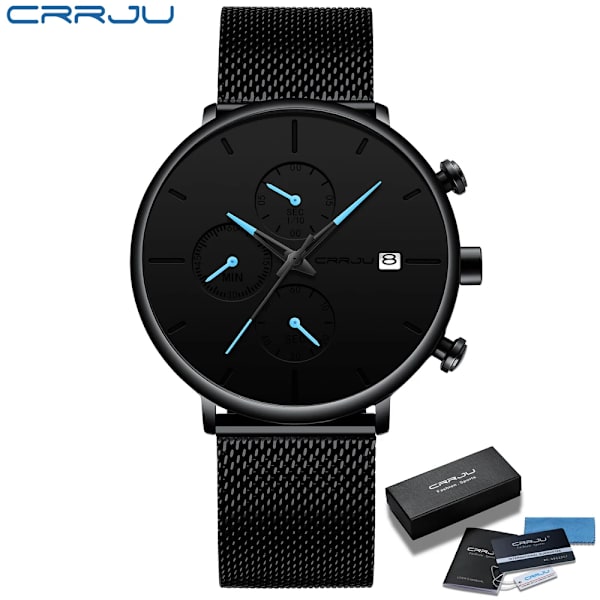CRRJU Herrklockor Lyx Watch Unik design i rostfritt stål Auto Date Mesh Armband Män Mode Casual Quartz Klockor 2268-B blue BOX