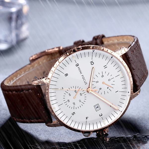 MINI FOCUS Mode Herrklockor Toppmärke Lyx Quartz Watch Date Window Armbandsur Brun Äkta läderrem reloj hombre BN RG WHITE