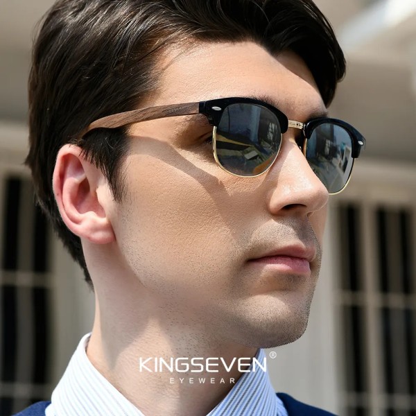 KINGSEVEN Handgjorda 2023 svarta valnötssolglasögon av trä för män Polariserad UV400-skydd Halvbåglös retroglasögon Dam Oculos Black Original