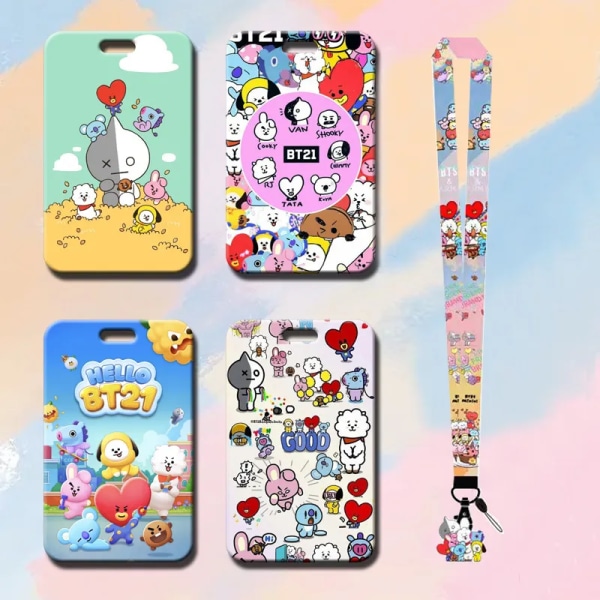 Nytt B t21- set Kawaii Anime Badge Anti-Lost Lanyard Studentmåltidskort Skyddsärm Busskort Måltidskorthänge Bt21 Present BT-1