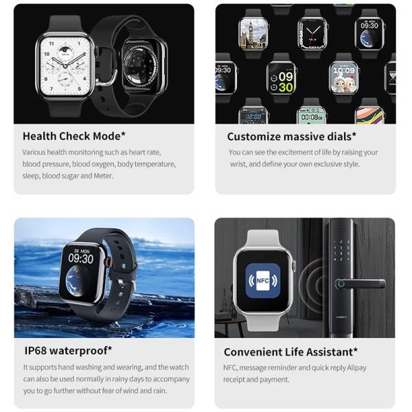 Watch 9 Smart Watch Herr Kroppstemperatur BT Call NFC Always on Display Fitness Women Series 8 Smartwatch för Apple Android Gold mesh belt