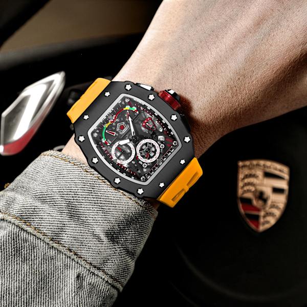 PINTIME Kampanj Rea Män Mode Sport Watch Kronograf Funktion Stoppur Röd gummirem Auto Date Man Lyx Armbandsur 2 with box