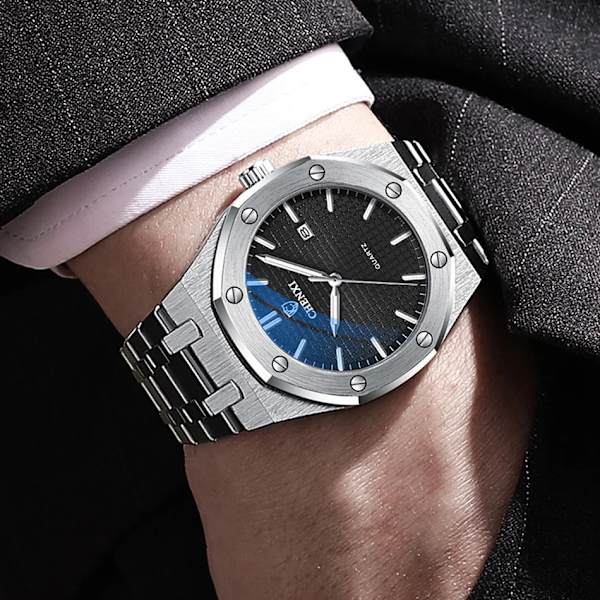 Big Dial Casual Herrklockor Lyxigt rostfritt stål watch för män Toppmärke Vattentät Quartz Minimalism Klocka Blue with Box
