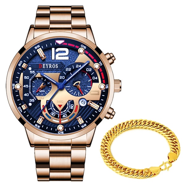 Relogio Lyx Herrklockor Guld Rostfritt Stål Kvarts Watch För Män Business Luminous Läder Armbandsklocka As Shown 9