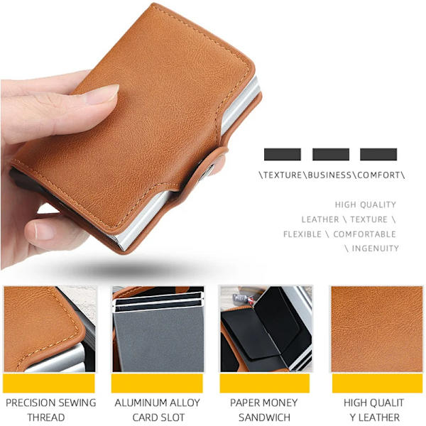 Stöldskydd män plånbok dubbel aluminium läder kreditkortshållare RFID metall plånbok Automatisk pop up handväska ID-korthållare Double Layer Brown