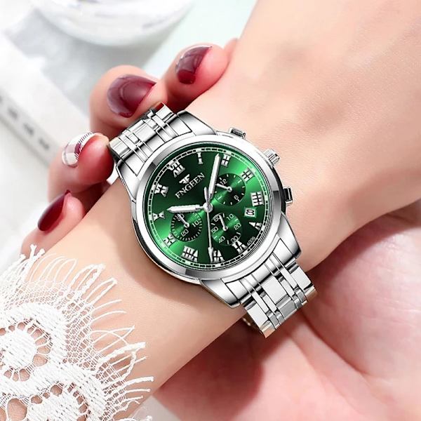 FNGEEN Top Brand Luxury Business Watch Damklockor Rostfritt stål Rosa Röd Quartz Armbandsur Vattentäta lysande visare Silver Blue