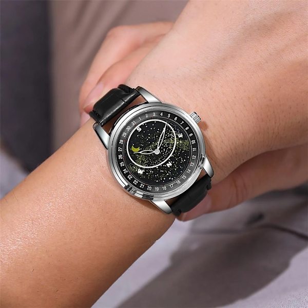 Mode Kreativitet Märkesklockor För män Lysande stjärnhimmel Design Watch Comfort PU Läder Herr Armbandsur Klocka black