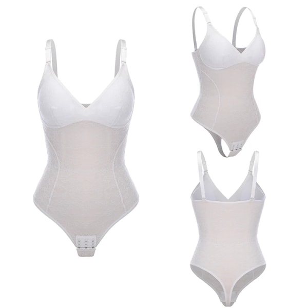 Spetstrosa Bodysuit för kvinnor Magkontroll Shapewear Inbyggd BH Body Shaper Ärmlösa toppar V-hals Backless Camisole Jumpsuit White XL