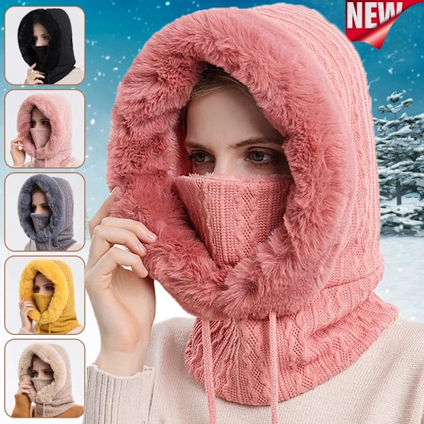 Dam Slouchy Fleece Beanie Cashmere Mössa Halsduk Mask Snodd Varm Huva Vinter Balaclava Pullover Stickad Hatt Khaki