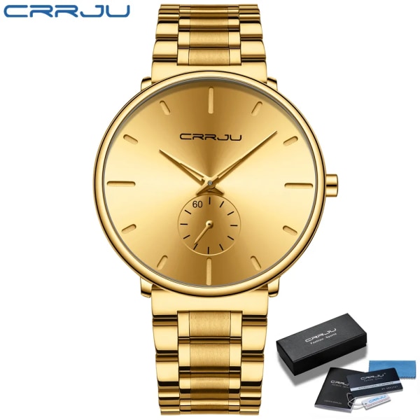 CRRJU Herrklockor Watch i rostfritt stål Casual Lyx Vattentät Watch för Herr Watch Relogio Masculino Gold-BOX