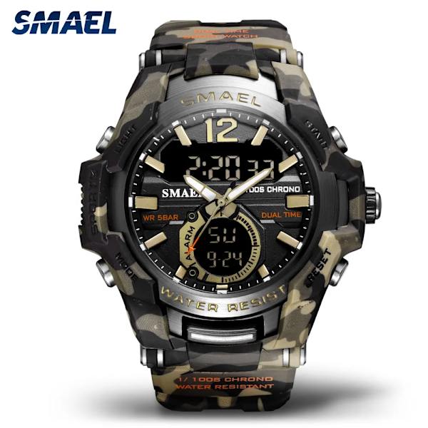 SMAEL Sport Digitala klockor för män Army Kamouflage Simning Armbandsur Väckarklocka Kalender LED Bakgrundsbelysning Dual Time Watch 1805 Camo Khaki-Box