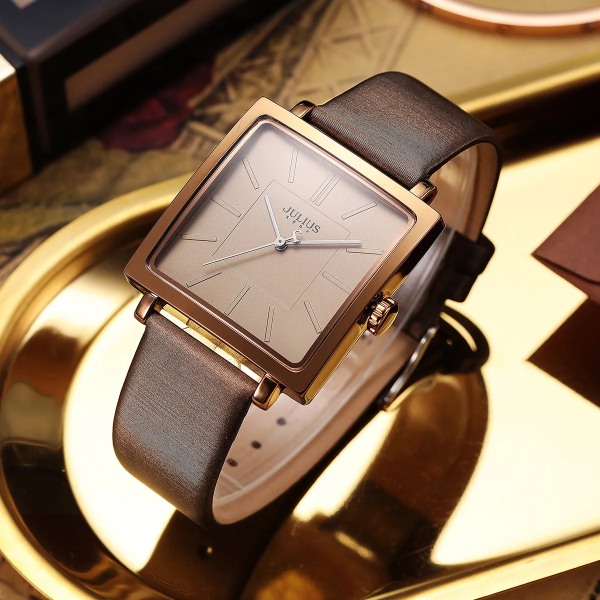 Topp Julius Lady Watch Elegant Enkel Square Mode Hours Klänning Armband Nylon Äkta Läder Tjej Födelsedagspresent Ingen låda Gold