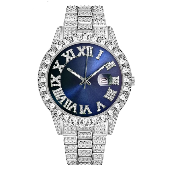 Iced Out Watch Herr Lyx Märke Full Diamond Herrklockor AAA CZ Quartz Watch Vattentät Hip Hop Man Klocka Present För Herr Silver Blue