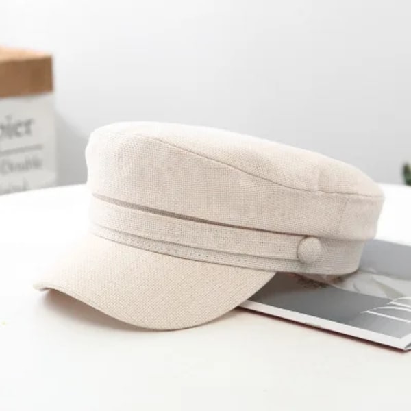Kvinnors Hatt Platt Keps Militärkeps Vår Höst Linne Åttkantig Keps Enfärgad Platt Topp Militärhattar Ung Student Hatt Kvinna N316-White 56-58cm