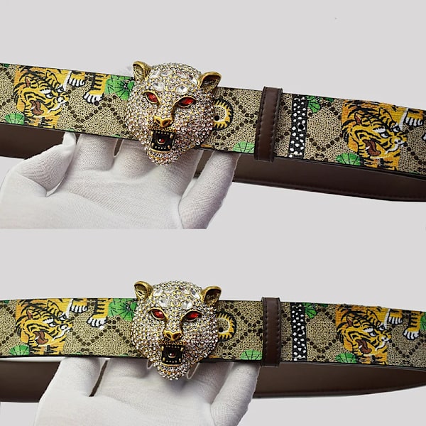 Western Rhinestone Tiger Spänne Tiger Print Läder Män Bälte Mode Jeans Causal Byxor Herr Bälte Gold 100cm