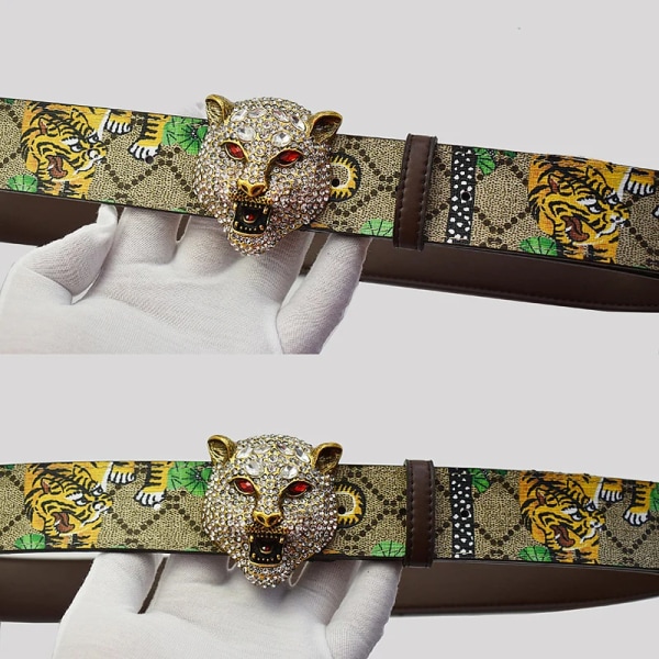 Western Rhinestone Tiger Spänne Tiger Print Läder Män Bälte Mode Jeans Causal Byxor Herr Bälte Retro snake 120cm