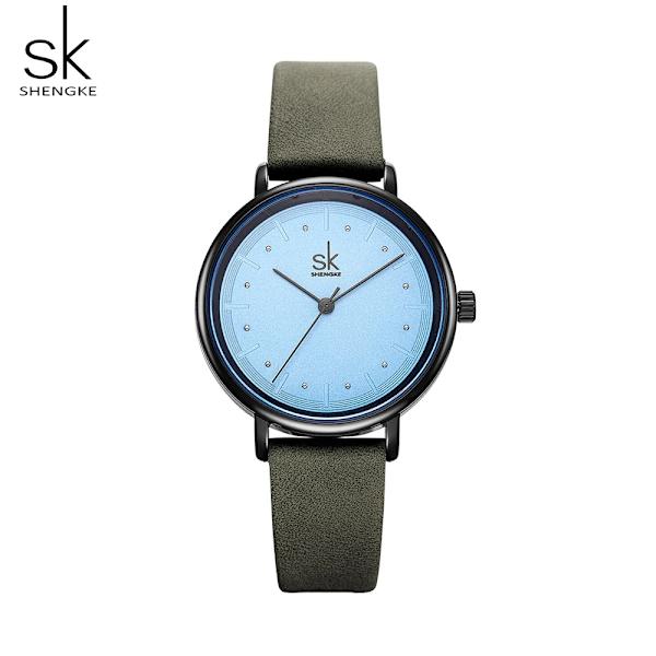 Shengke enkel watch för kvinnor brunt retro läder Relogio Feminino Toppmärke Dammode Minidesign Quartz Reloj Mujer green
