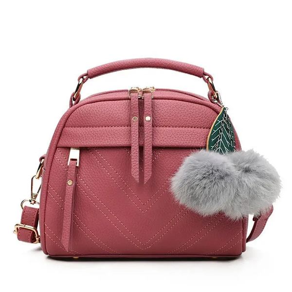 PU-läder liten handväska för kvinnor flicka mode tofs messenger väskor med boll Kvinnliga axelväskor Dam Party Crossby-väska dark pink 22x12x17cm