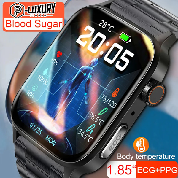 Ny icke-invasiv watch för blodsocker Män Röstringning Armbandsur Kroppstemperatur Stresstest EKG+PPG NFC Smartklocka Black belt