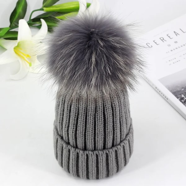Vintermössa med Pompom i Mink och Ball Cap för Kvinnor och Flickor, Stickad Beanie, Helt Ny, Tjock Kvinnomössa, 50-54-60 cm Grey child 50-54CM