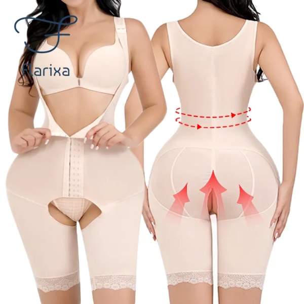 Flarixa Dam waist trainer Magkontroll Helkroppsformare Body Spetskontroll Trosor Linne Shapewear med öppen gren Beige 3XL