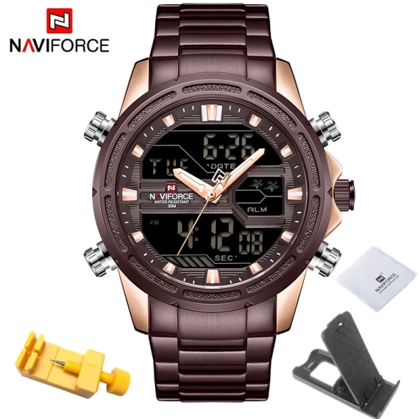 NAVIFORCE klockor för män Lyxmärke Digital Kronograf Sport Quartz Armbandsur Vattentät Militärt stålband självlysande klocka RGCE