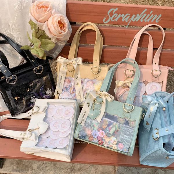 HAEX Kawaii Ita-väskor Dammode japansk stil Harajuku Lolita Ribbon Crossbody-axelväskor PU Small Heart Bolso Mujer MiBai 24x20x11cm