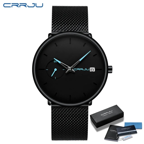 CRRJU Herrklockor Lyx Watch Unik design i rostfritt stål Auto Date Mesh Armband Män Mode Casual Quartz Klockor 2258-blue BOX