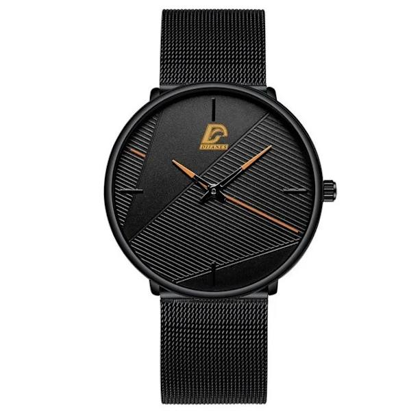 Märke Herrklockor Herr Enkelt Ultratunt mesh i rostfritt stål Bälte Quartz Clock Man Business Läder Armbandsur reloj hombre Mesh Black Yellow