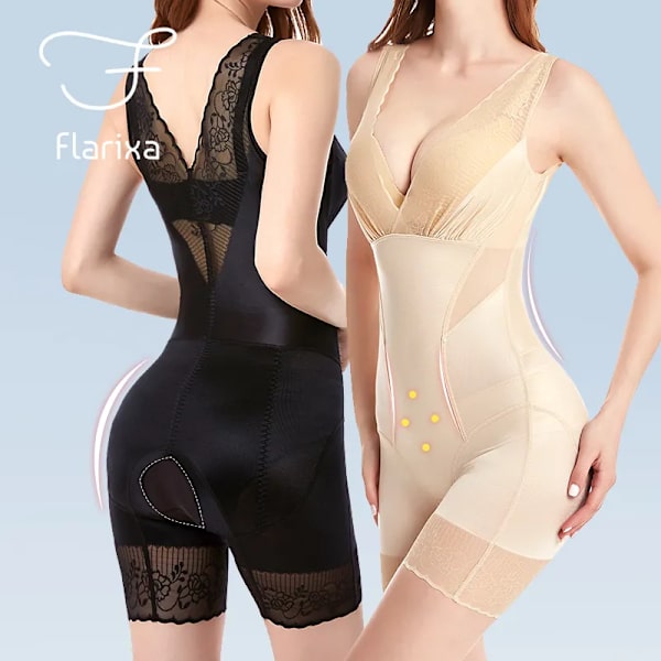 Flarixa Sexig spets Djup V Bodysuit Damkorsett Waist trainer Body Shaper Öppen gren Bodysuits One Piece Slimming Shapewear Beige-Briefs L