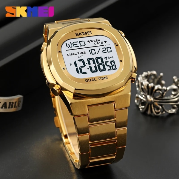 Herrklockor Top Märke Lyx SKMEI LED Digitala klockor Rostfritt stål Vattentät armbandsur För Man Klockor Watch Herr black-white