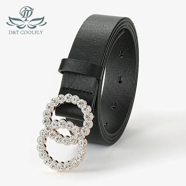 D&T 2021 New Fashion Bälte Dam Två Cirkel Diamant Dekorera Spänne PU Läder Material Bälte Kvinna Casual Style Elegant midja black 105CM