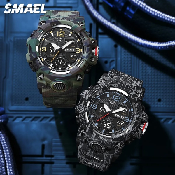 SMAEL Dual Time Watch för män Mode Vattentät Quart Digital Armbandsur Väckarklocka LED Bakgrundsbelysning Kalenderklockor 8008 Camo Gray